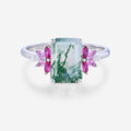 Radiant Cut Natural Green Moss Agate Cluster Engagement Ring