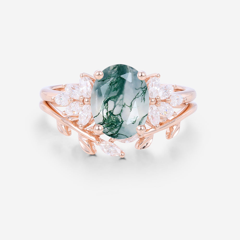 Natural Green Moss Agate 2PCS Oval Cluster Engagement Ring Bridal Sets