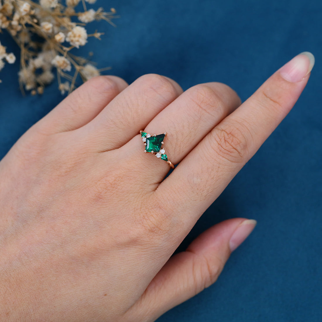 Kite cut Lab grown Emerald Solid Gold Engagement Ring