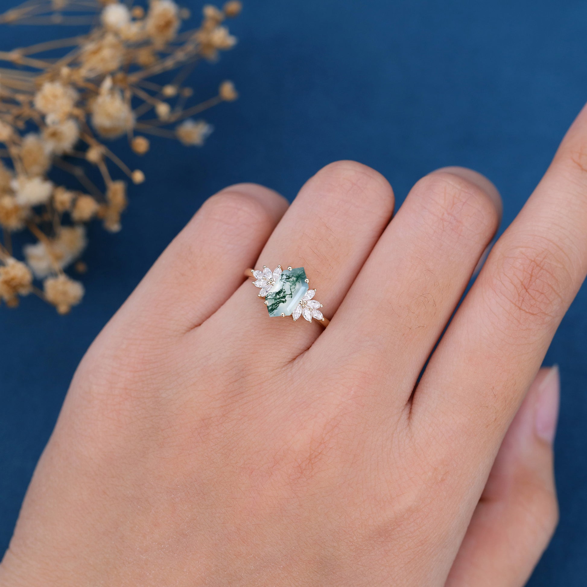 Long Hexagon Cut Natural Green Moss Agate Cluster Engagement Ring