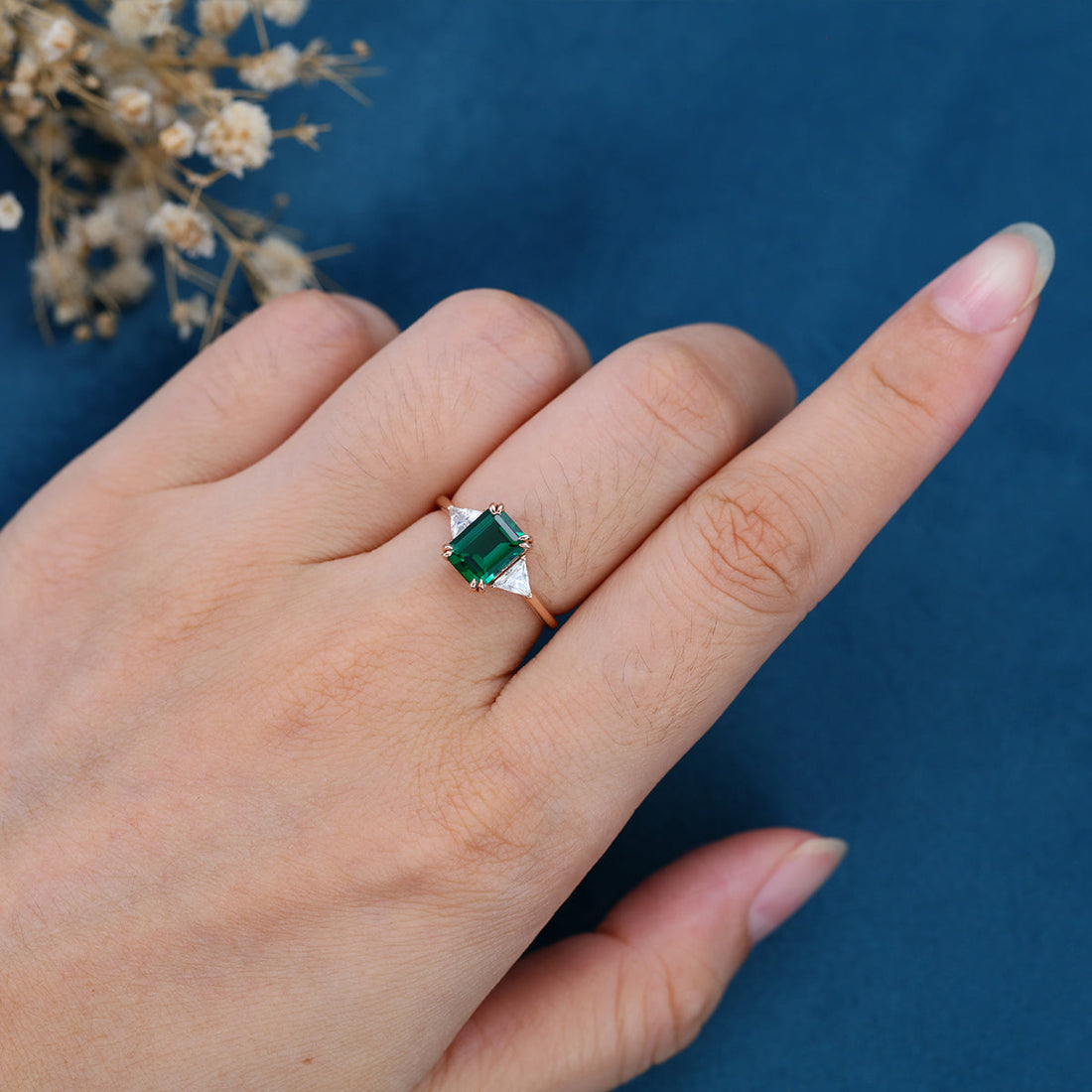 Emerald cut Lab grown Emerald Solid Gold Engagement Ring