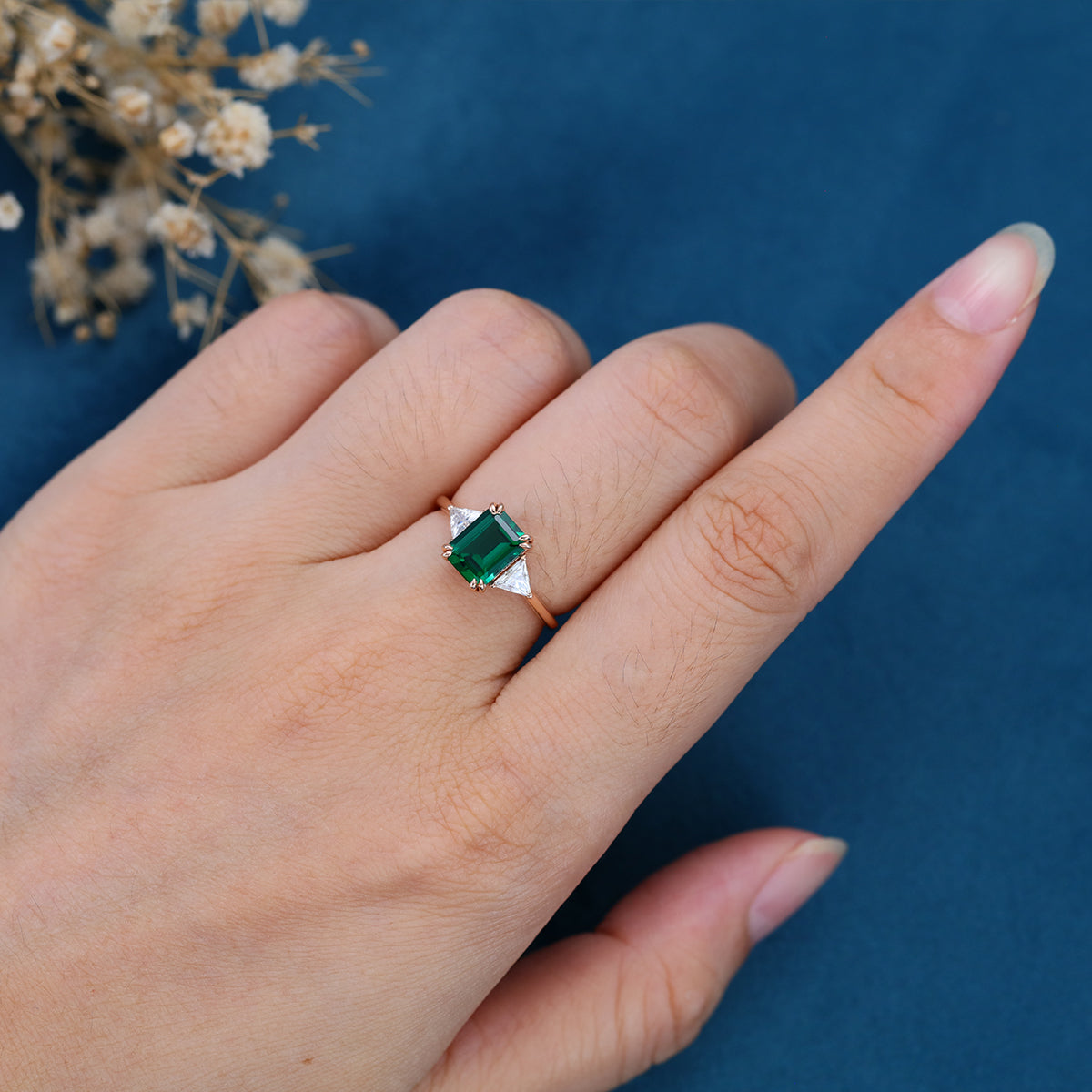 Emerald cut Lab grown Emerald Solid Gold Engagement Ring