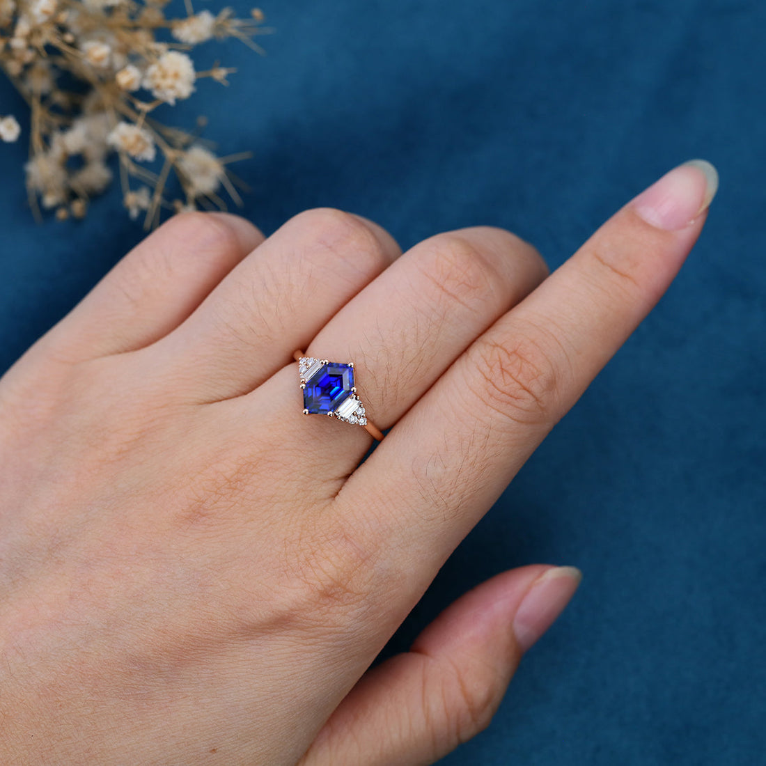 Hexagon cut Lab Blue Sapphire Solid Gold Engagement Ring