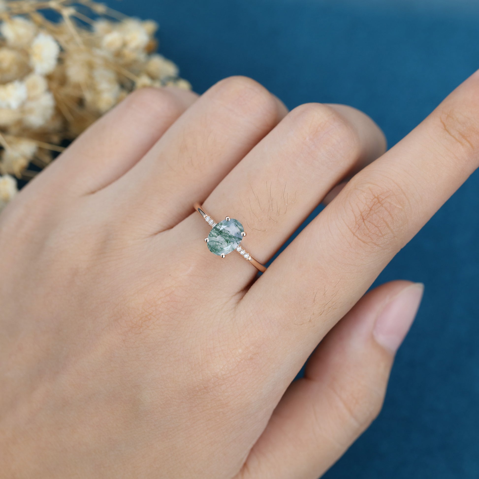 Oval Cut Natural Green Moss Agate Cluster Engagement Ring