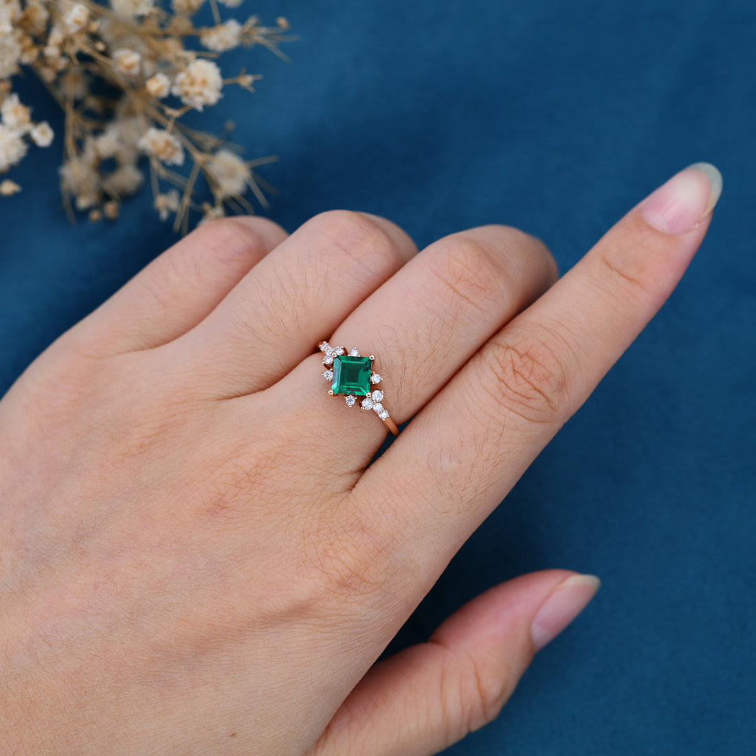 Princess cut Lab grown Emerald Solid Gold Engagement Ring