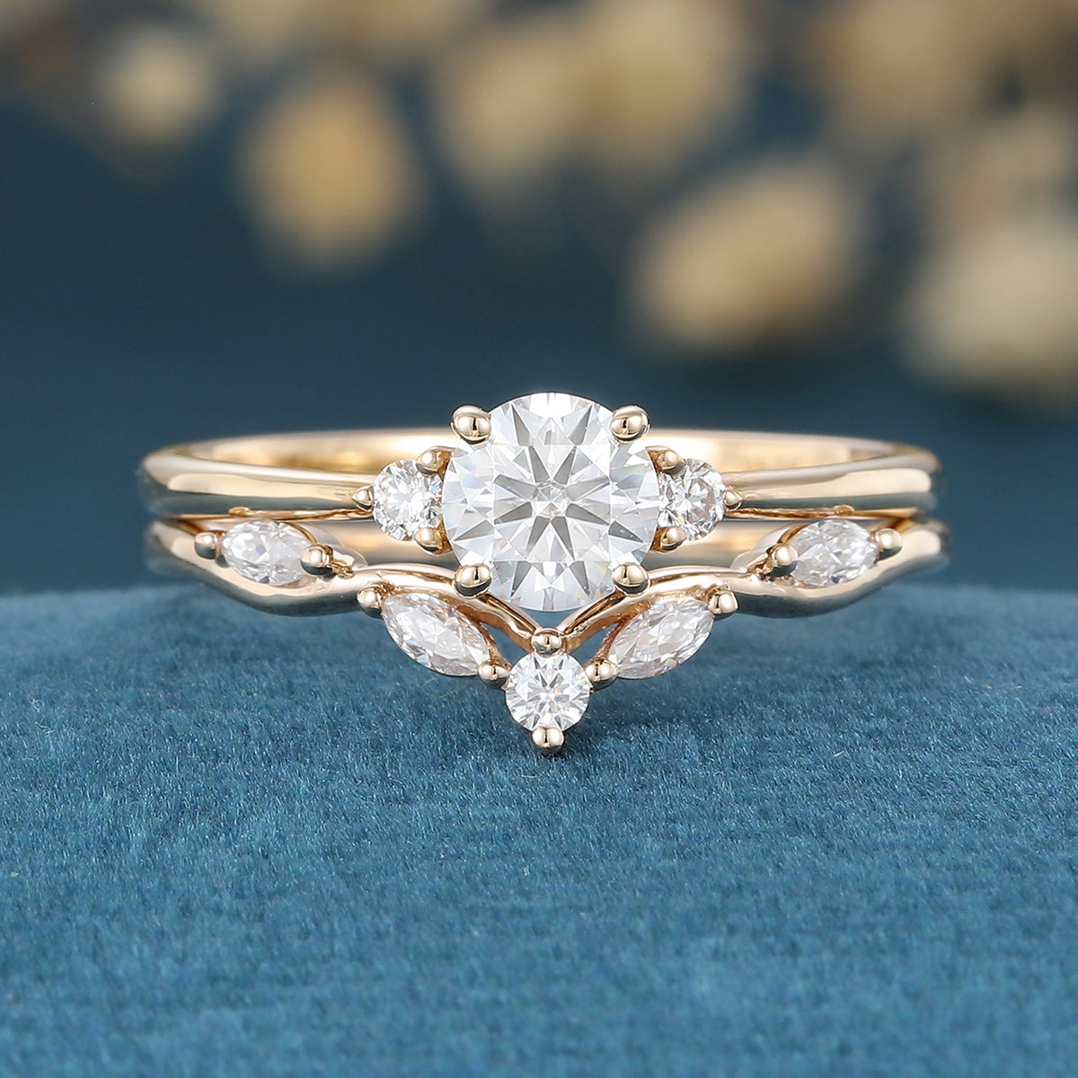 Round cut Moissanite Engagement ring White gold Diamond Wedding Bridal Set