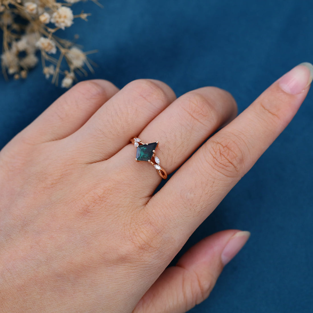 Kite cut Lab grown Blue green Sapphire Solid Gold Engagement Ring
