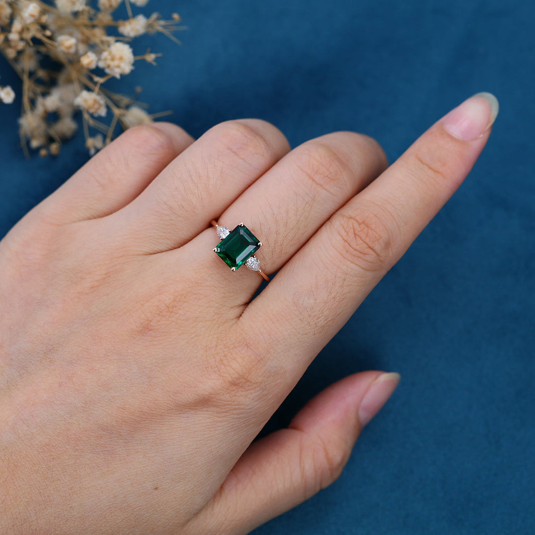 Emerald cut Lab grown Emerald Solid Gold Engagement Ring