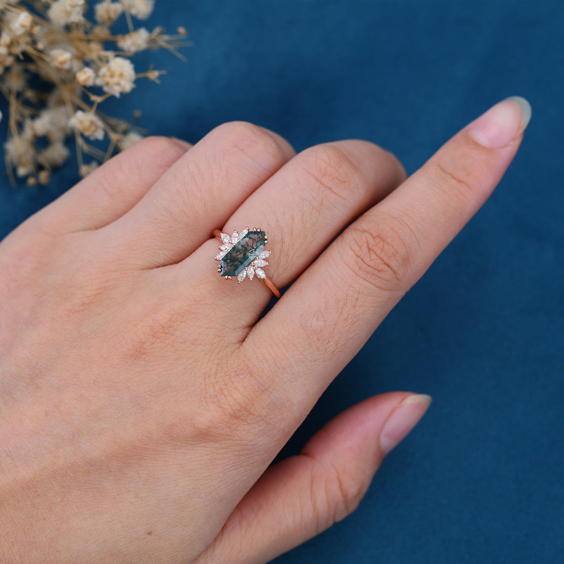 Long Hexagon cut Moss Agate Solid Gold Engagement Ring