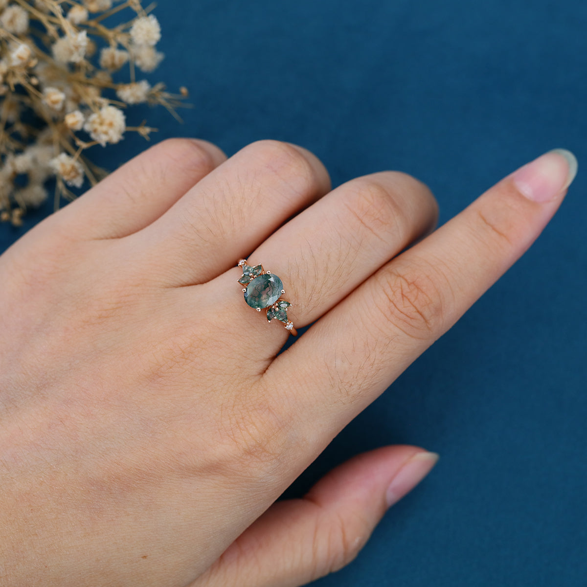 Oval cut Moss Agate + Diamonds Solid Gold Engagement Ring