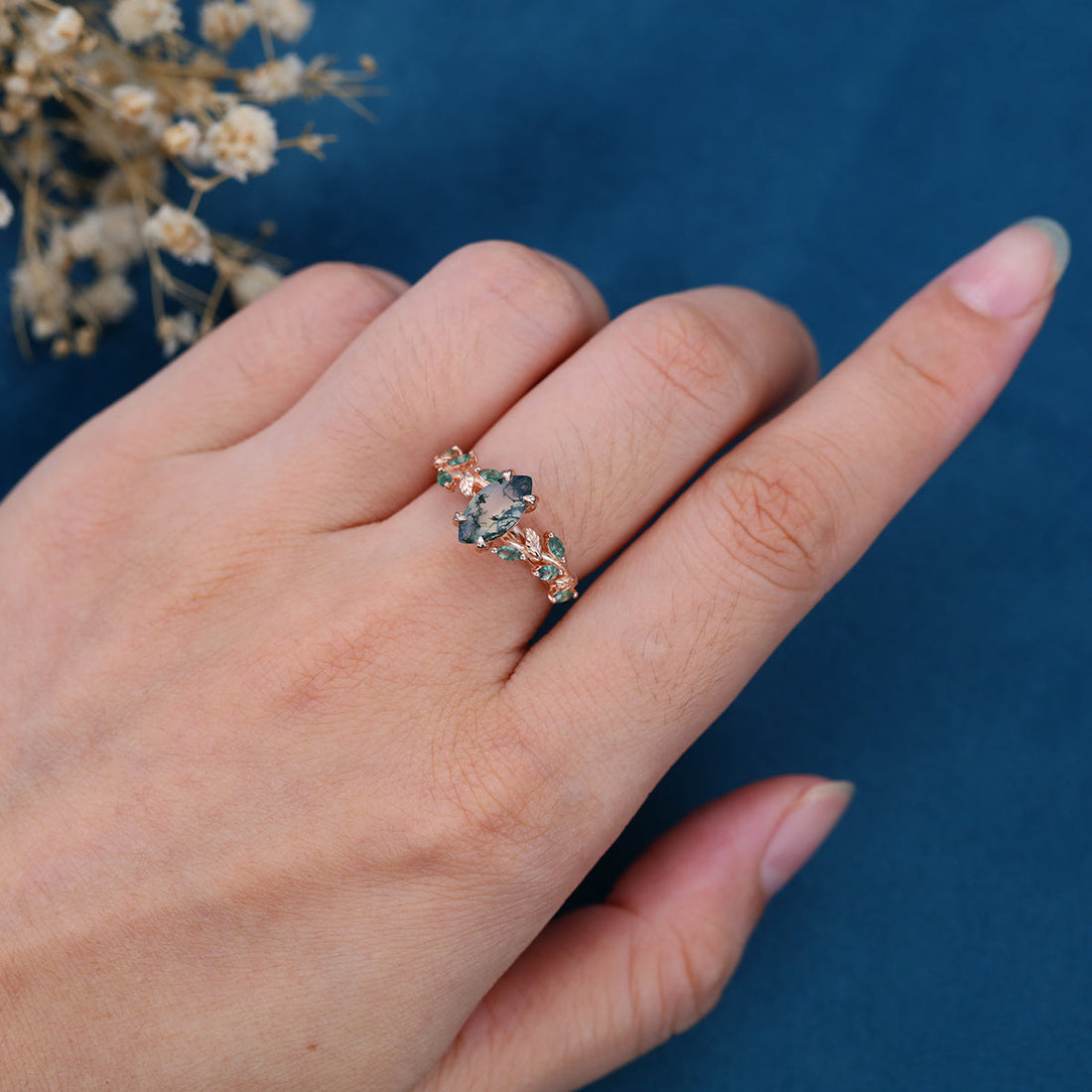 Nature Inspired Marquise cut Moss Agate Solid Gold Engagement Ring