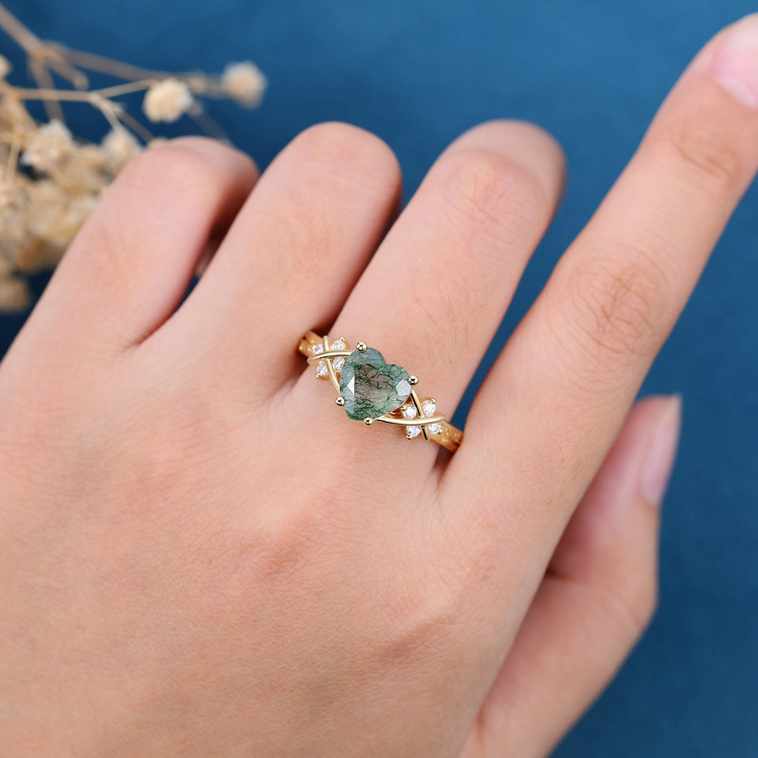 Heart cut Moss Agate Engagement ring