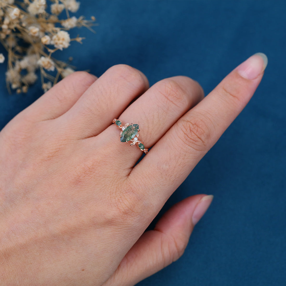 Nature Inspired Marquise cut Moss Agate Solid Gold Engagement Ring