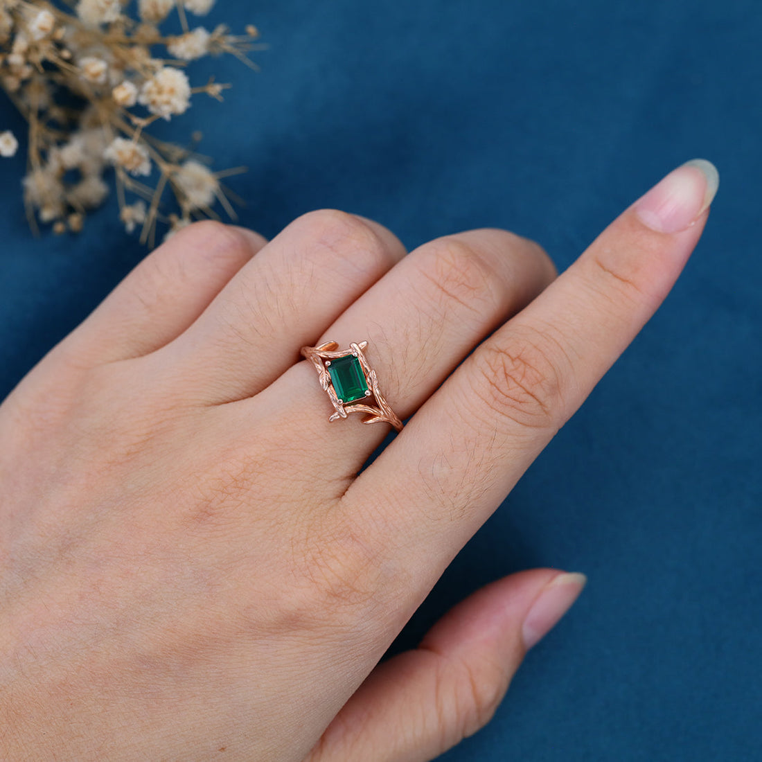 Nature Inspired Emerald cut Lab grown Emerald Solid Gold Engagement Ring