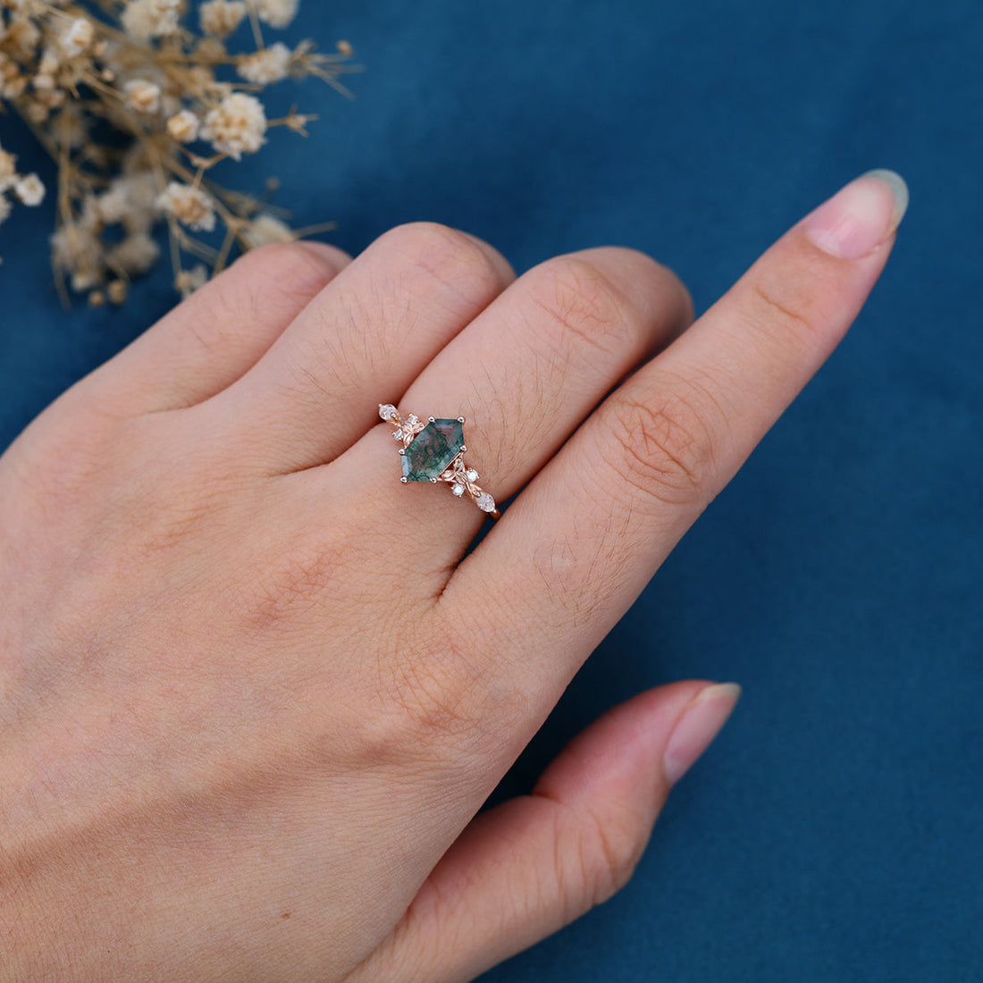 Long Hexagon cut Moss Agate Solid Gold Engagement Ring