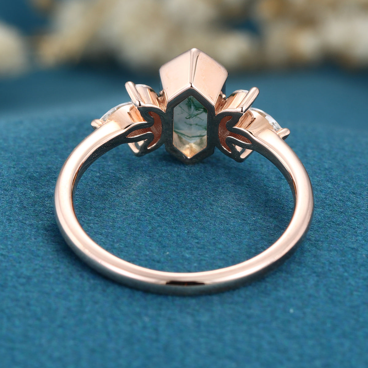 Bezel setting Hexagon cut Moss agate Solid Gold Engagement Ring