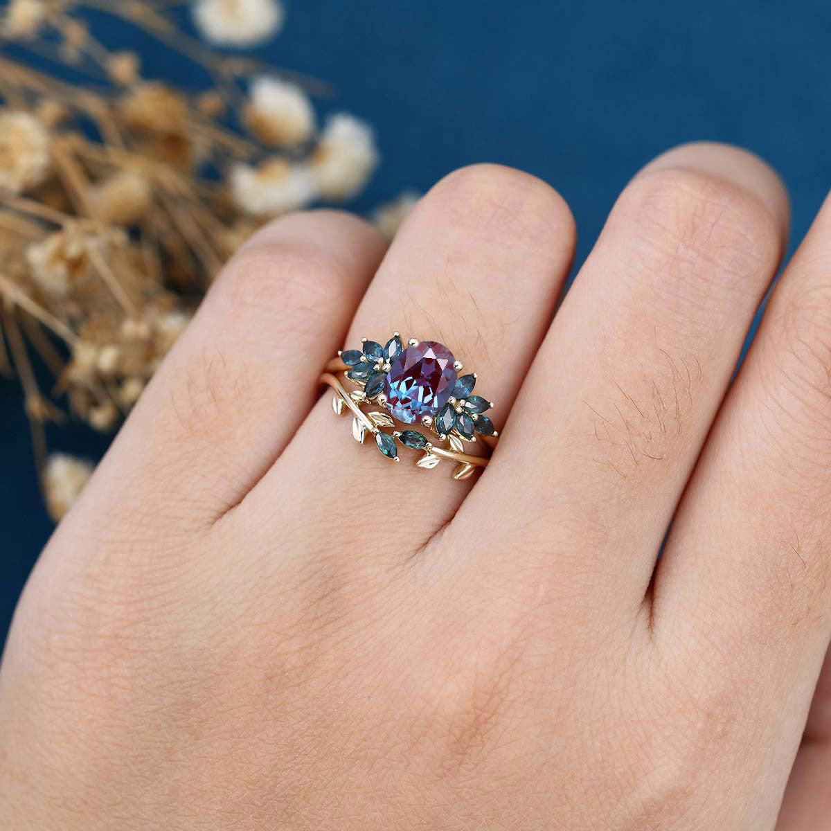 Oval cut Alexandrite Cluster Engagement Ring Bridal Set
