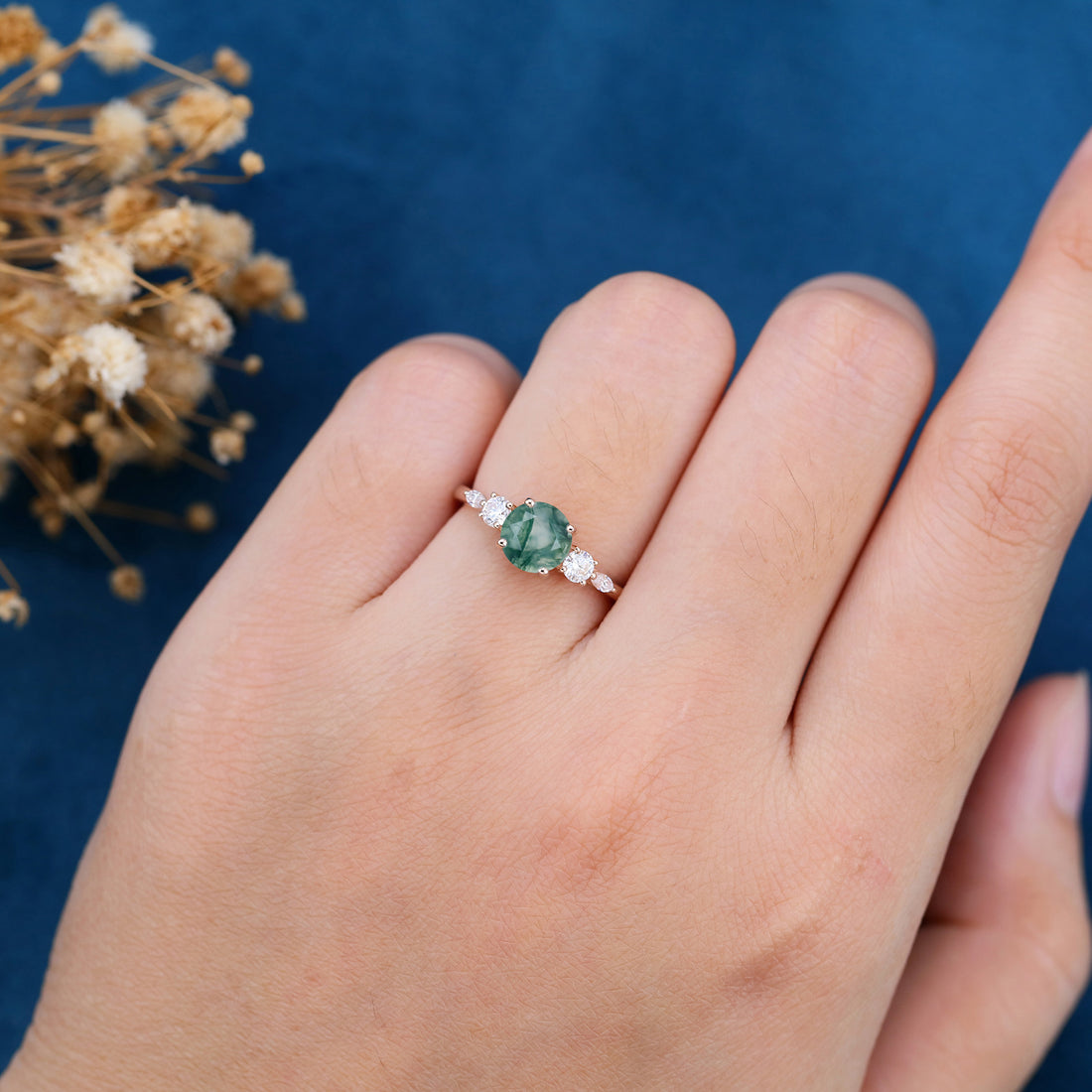Round Cut Natural Green Moss Agate Cluster Engagement Ring