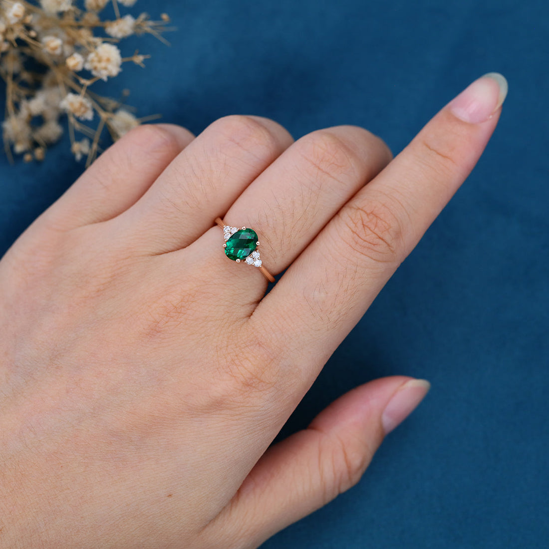 Oval cut Lab grown Emerald Solid Gold Engagement Ring