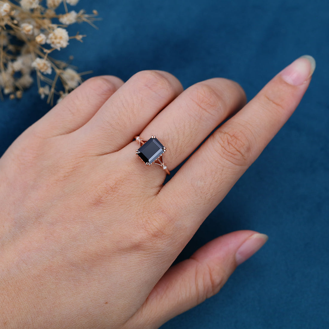 Emerald cut Black Onyx Solid Gold Engagement Ring