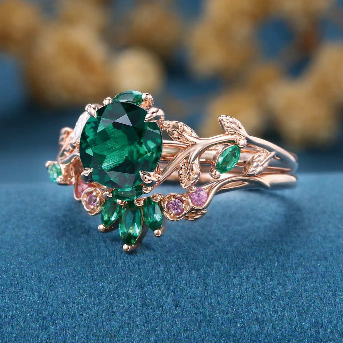Round cut Lab Emerald  + Pink Sapphire | Emerald Wedding bridal set