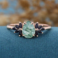 Pear Cut Natural Green Moss Agate Cluster Engagement Ring