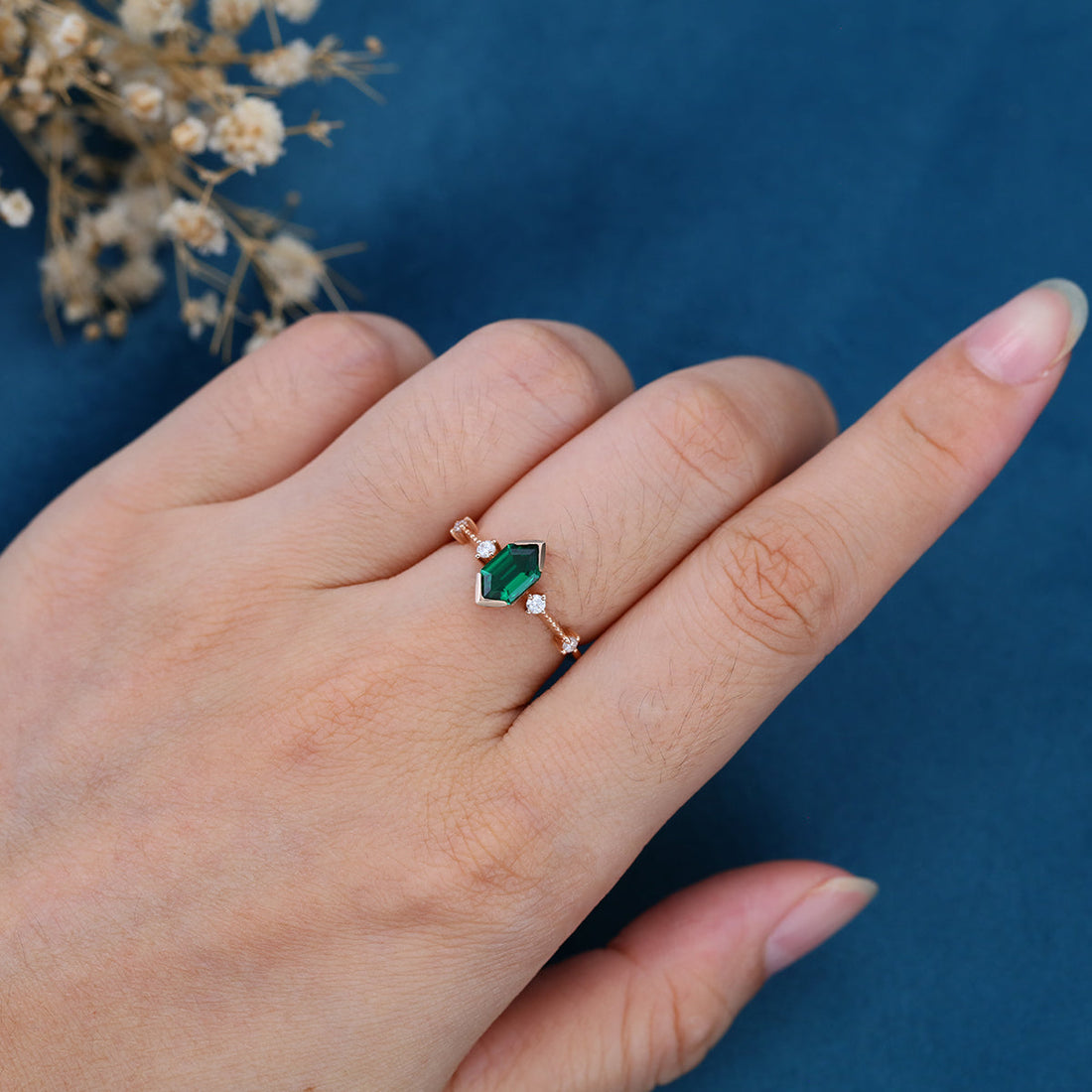 Bezel setting Hexagon cut Lab grown Emerald Solid Gold Engagement Ring