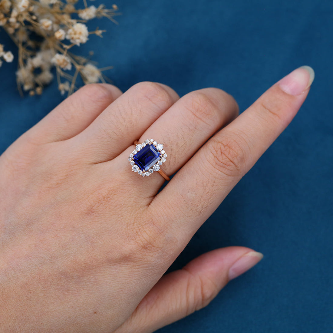 Emerald cut Lab Blue Sapphire Solid Gold Engagement Ring
