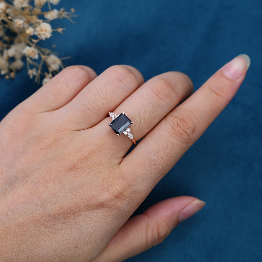Emerald cut Black Onyx Solid Gold Engagement Ring