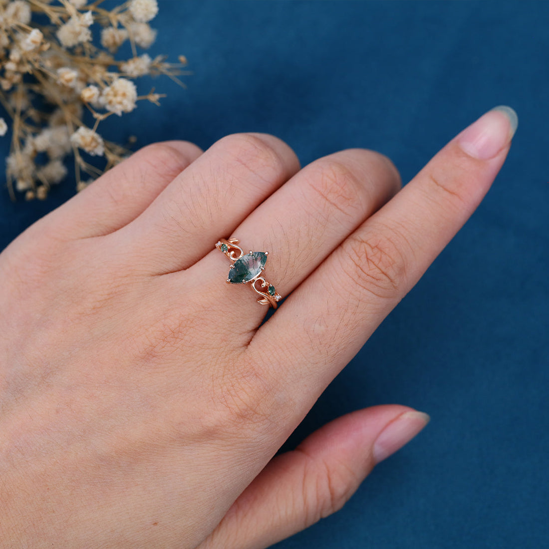 Nature Inspired Marquise cut Moss Agate Solid Gold Engagement Ring