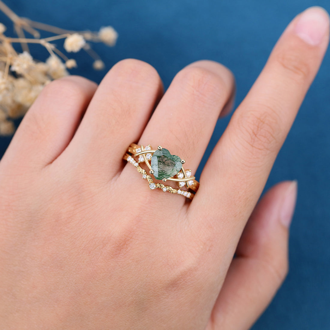 2.0 Carat Heart cut Moss Agate Bridal Set