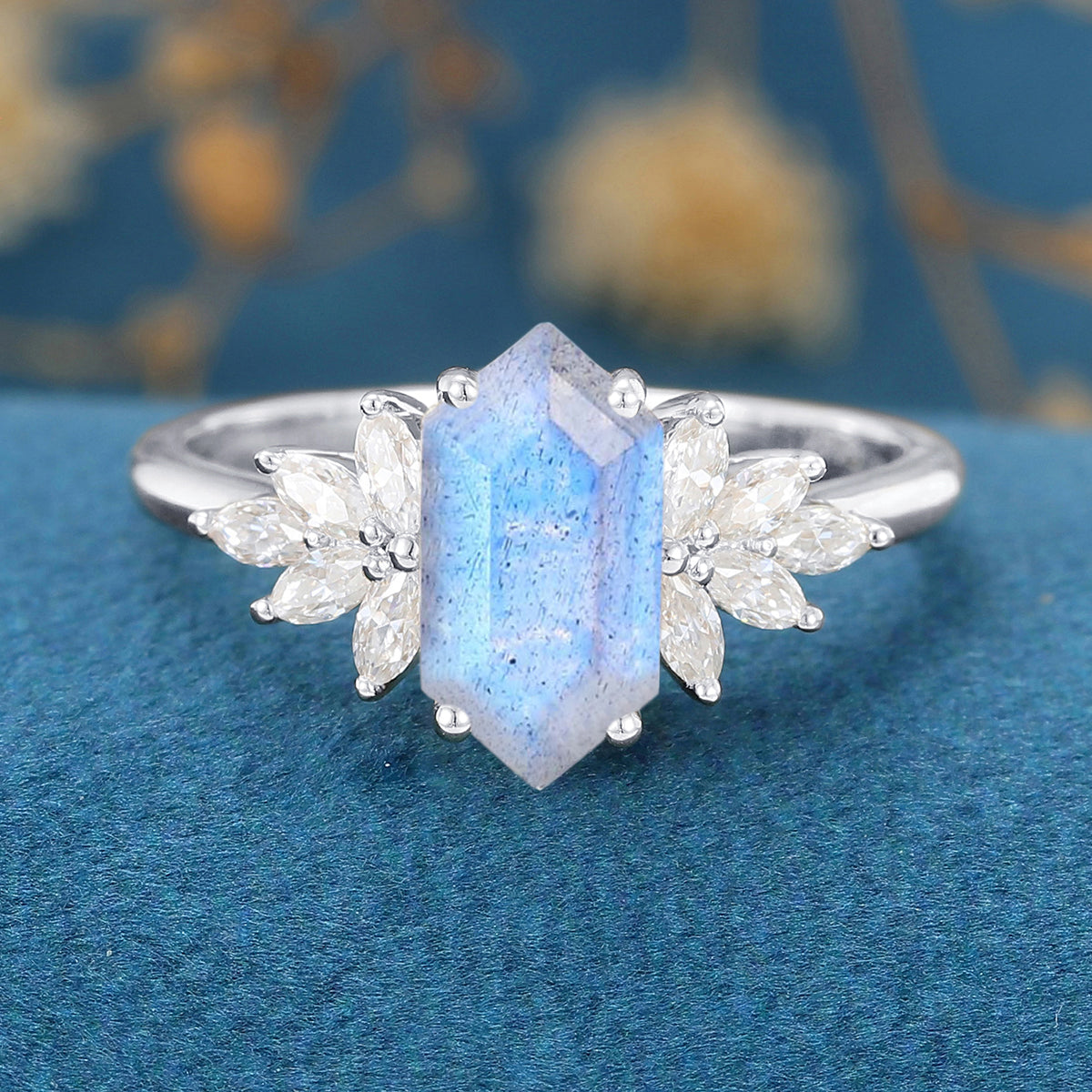 Long Hexagon Cut Labradorite Cluster Engagement Ring