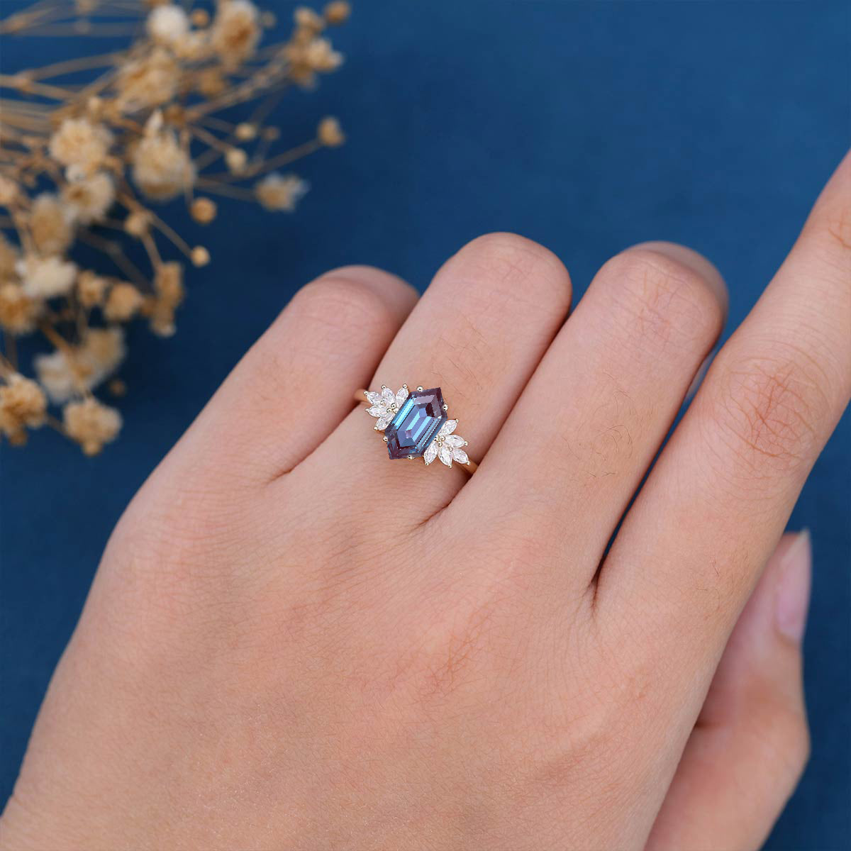 Long Hexagon cut Alexandrite Engagement ring