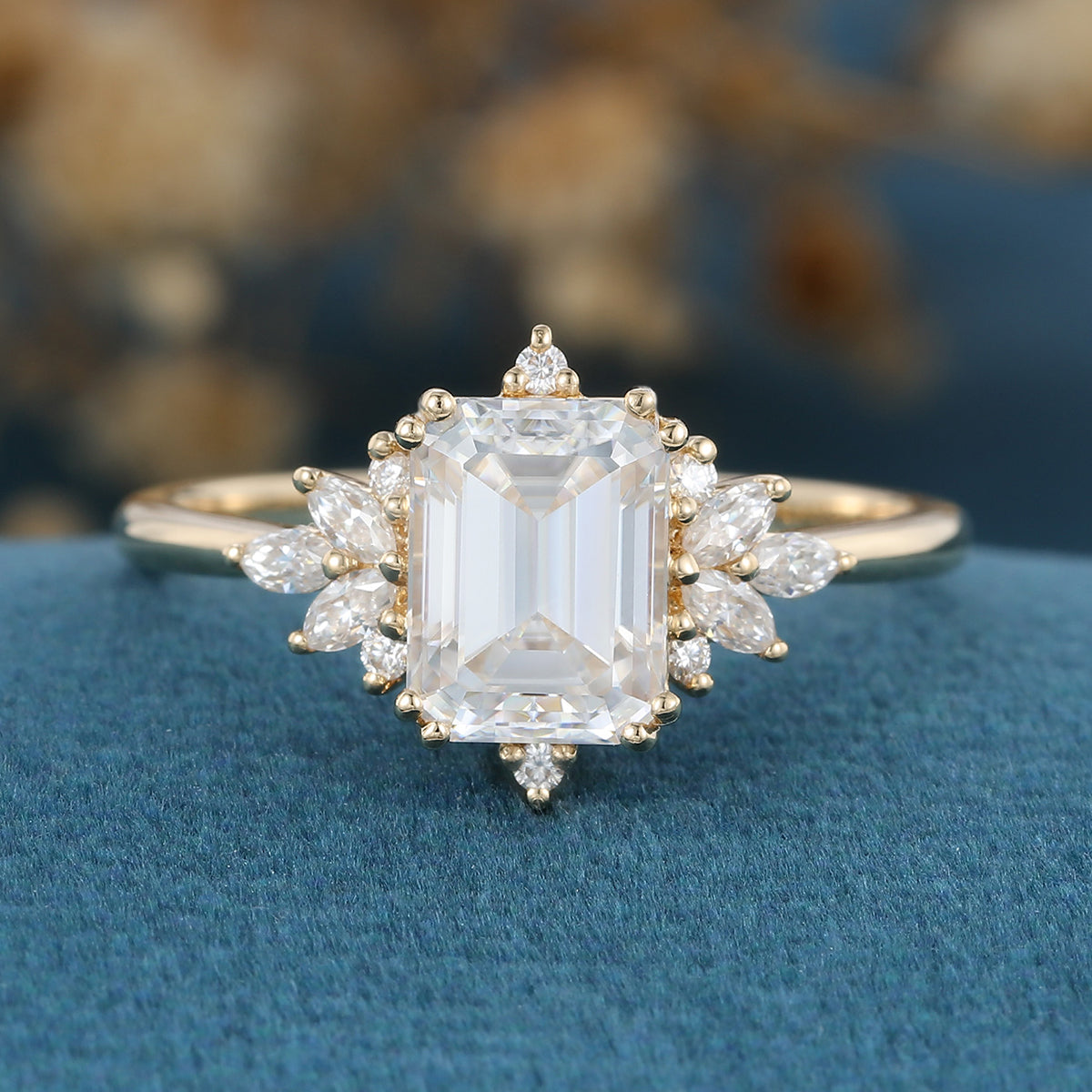 Emerald cut Moissanite Cluster Engagement ring