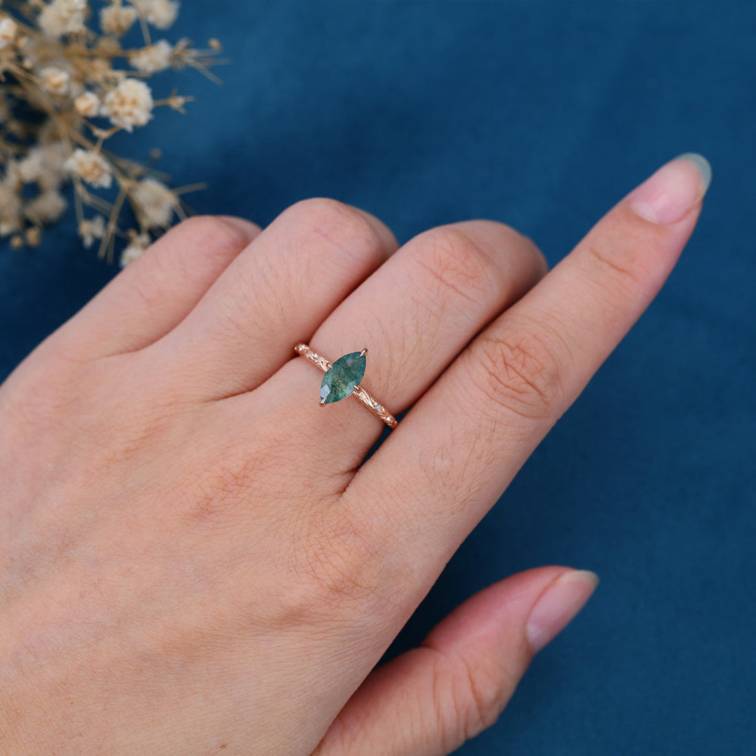 Solitaires Marquise cut Moss Agate Solid Gold Engagement Ring