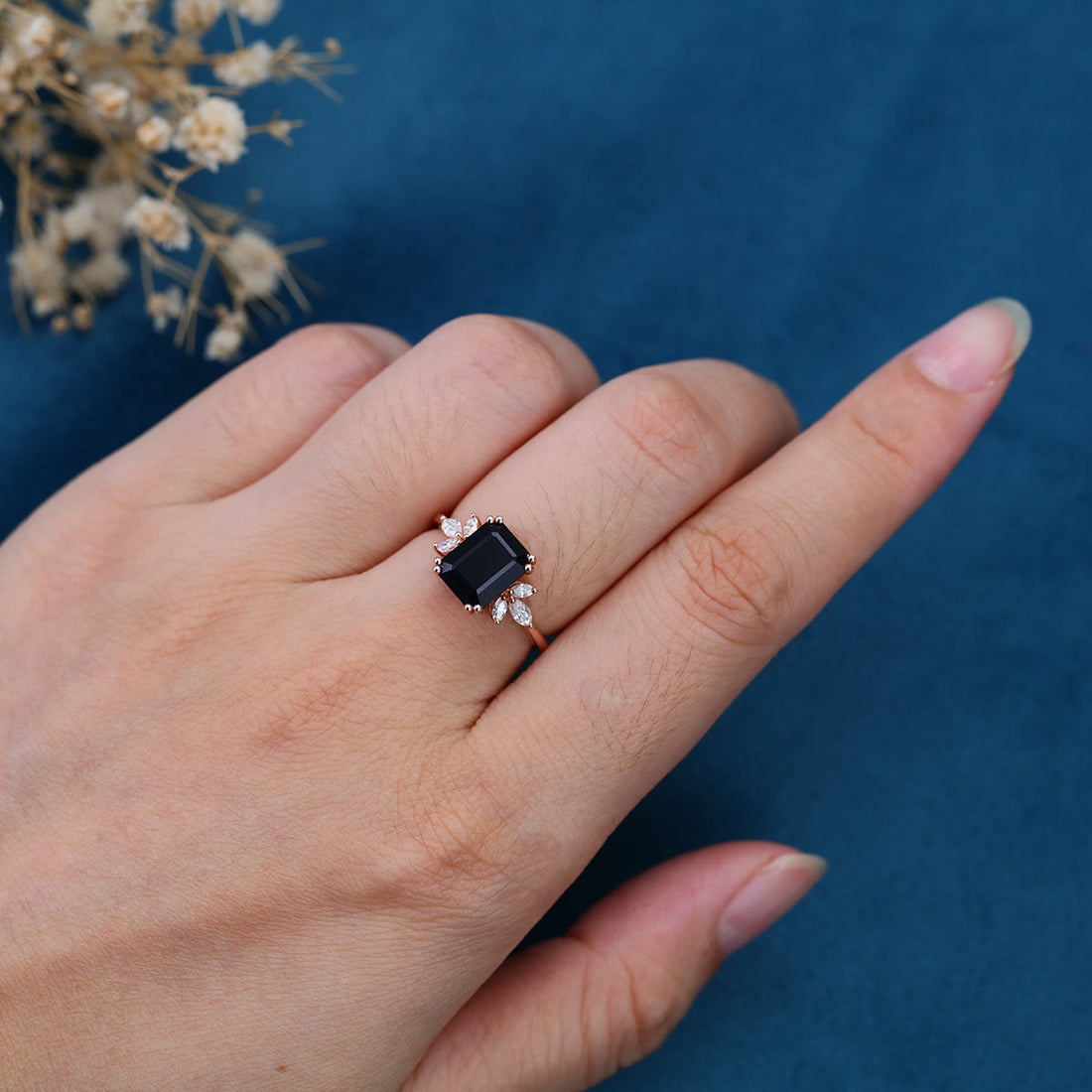 Emerald cut Black Onyx Solid Gold Engagement Ring