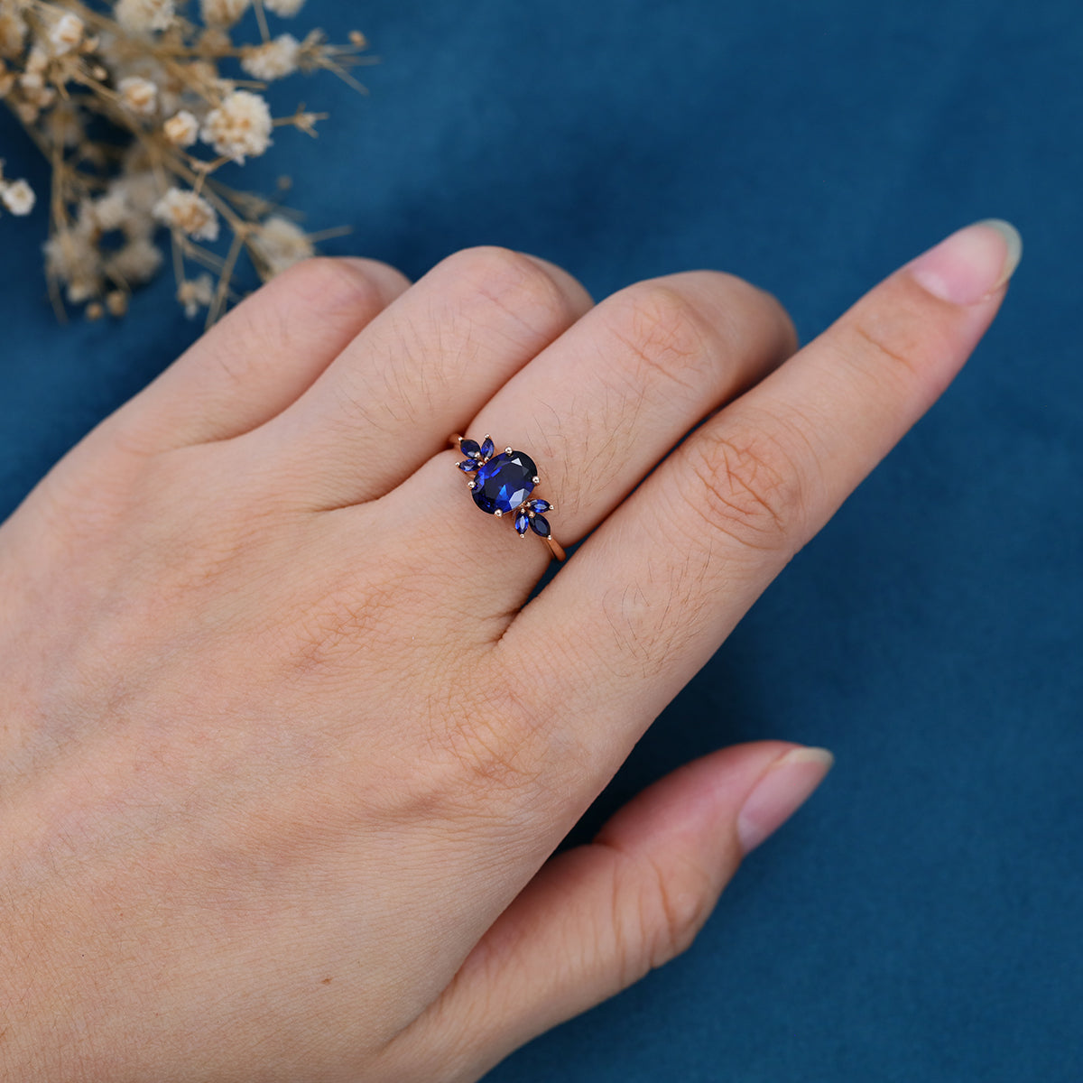 Pear Cut Lab Blue Sapphire Solid Gold Engagement Ring