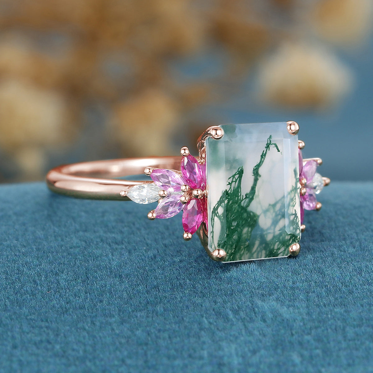 Radiant Cut Natural Green Moss Agate Cluster Engagement Ring