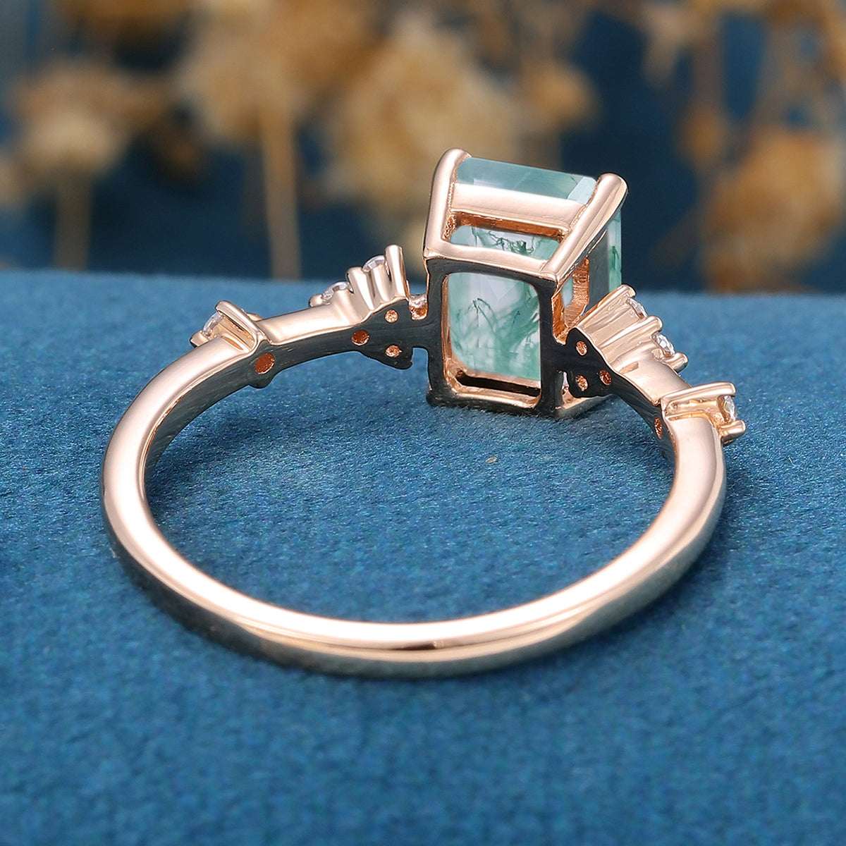 Emerald Cut Natural Green Moss Agate Cluster Engagement Ring