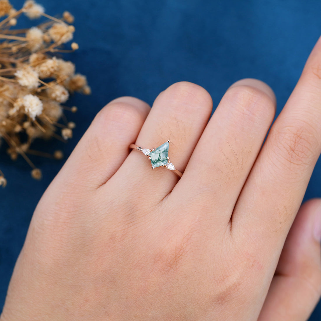 Kite Cut Natural Green Moss Agate Cluster Engagement Ring