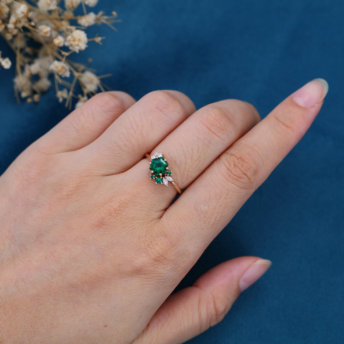 Hexagon cut Lab grown Emerald Solid Gold Engagement Ring