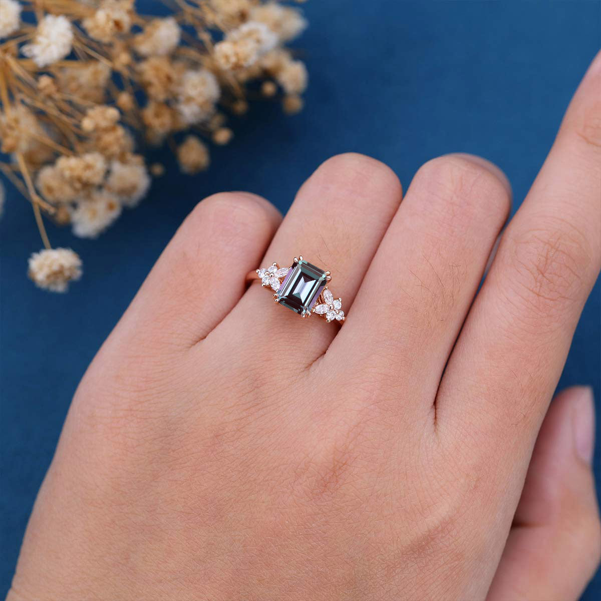 Emerald cut Alexandrite | Diamond Engagement ring