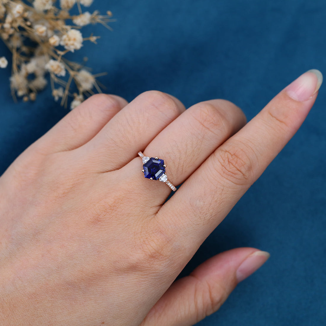 Hexagon cut Lab Blue Sapphire Solid Gold Engagement Ring