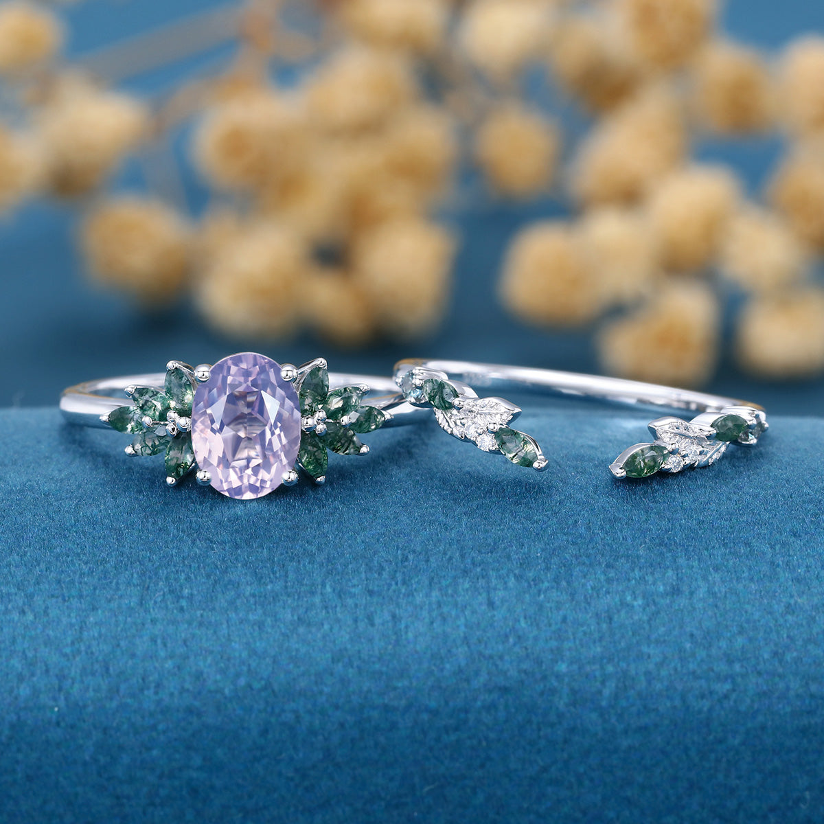 Vintage Oval cut Lavender Amethyst  + Moss agate Wedding Bridal Set