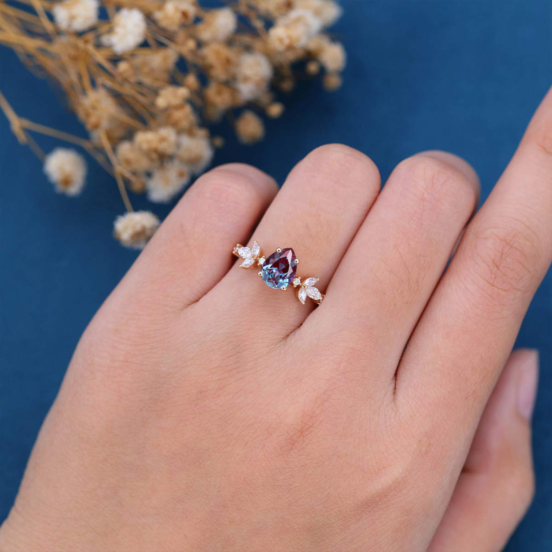 Pear cut Lab Alexandrite | Diamond Engagement ring