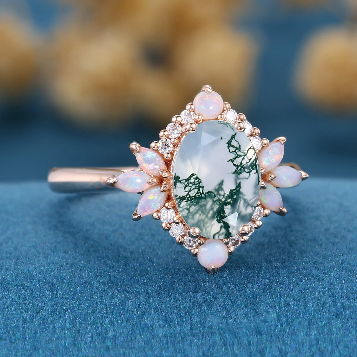 Oval cut Moss agate + Opal Rose Gold Engagement Ring