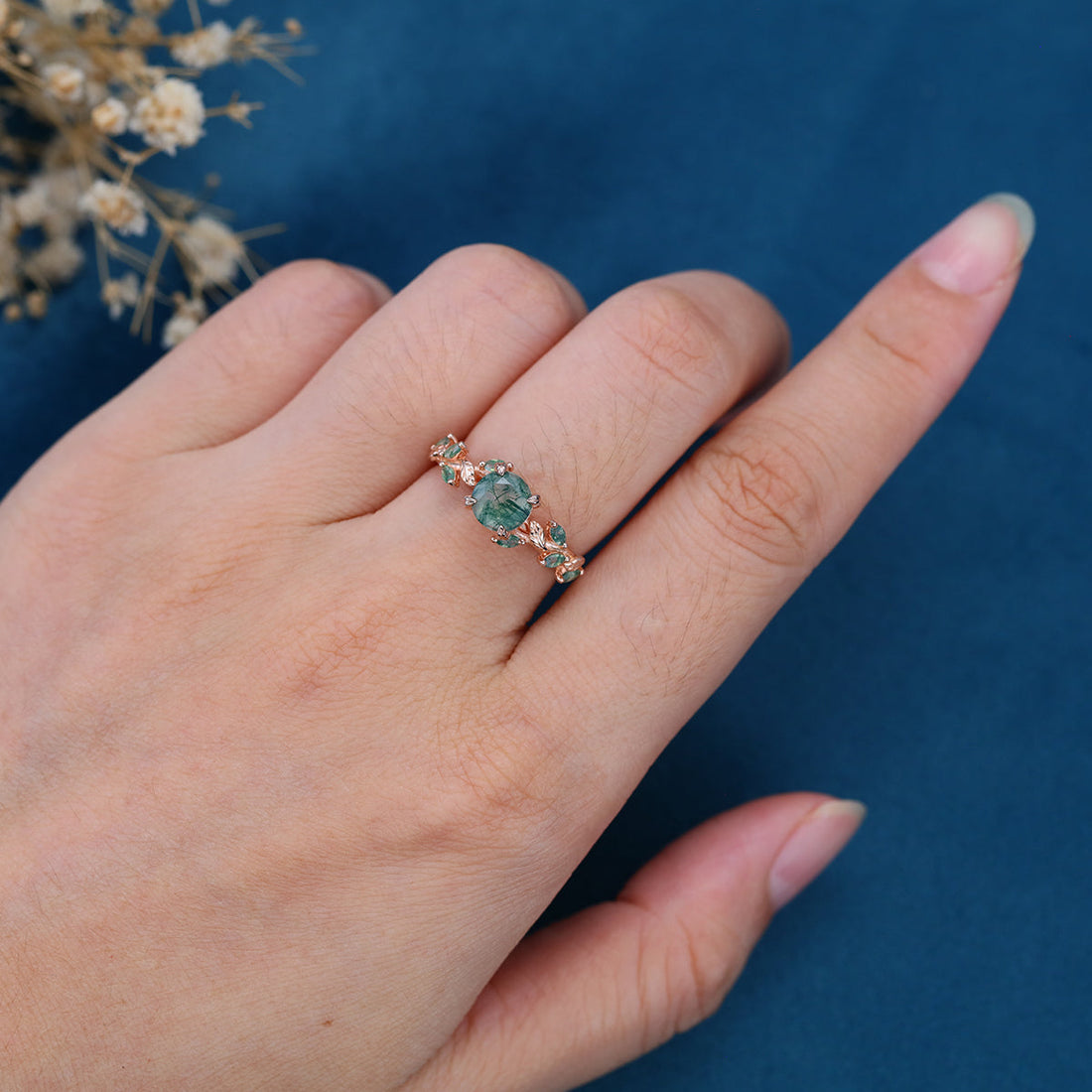 Nature Inspired Round cut Moss Agate Solid Gold Engagement Ring