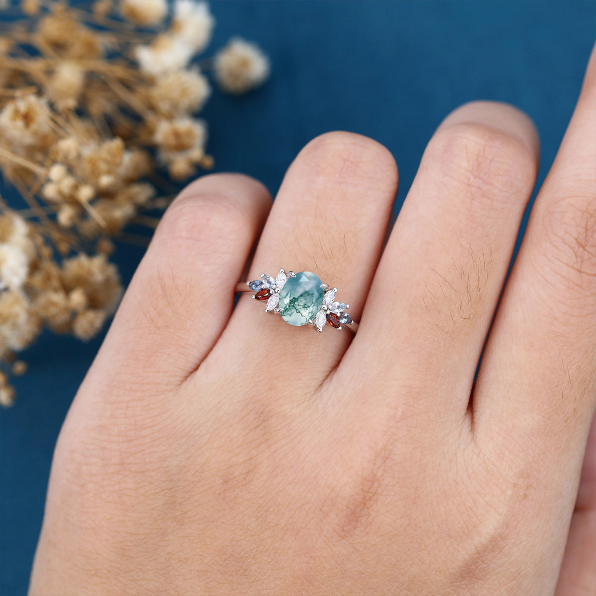 Natural Green Moss Agate Oval cut cluster Engagement Ring