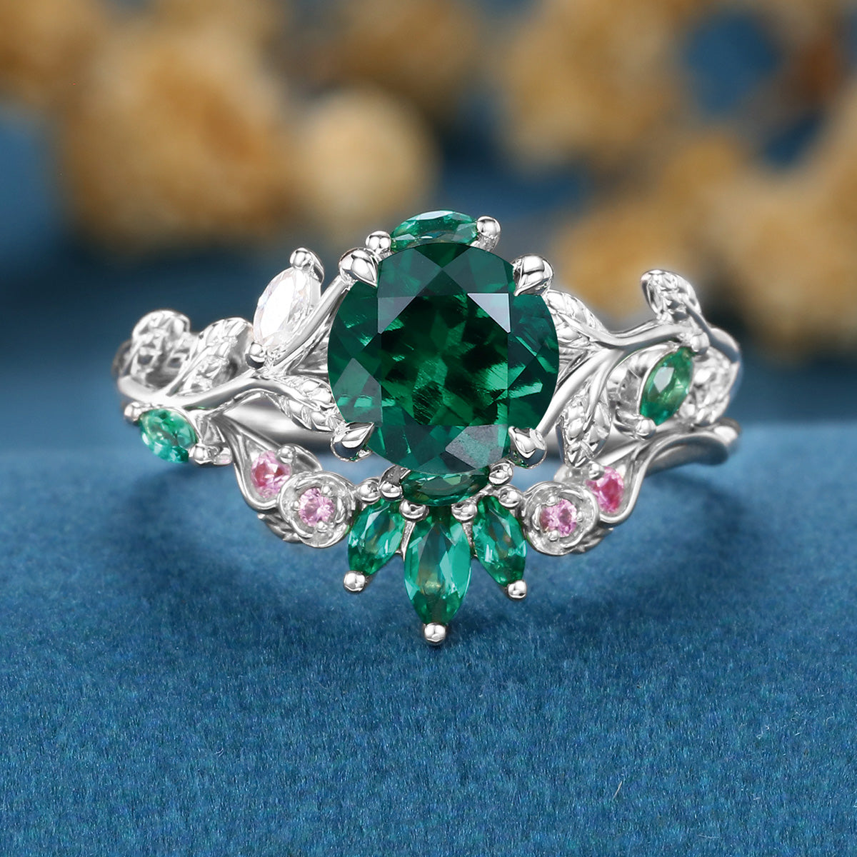 Round cut Lab Emerald  + Pink Sapphire | Emerald Wedding bridal set