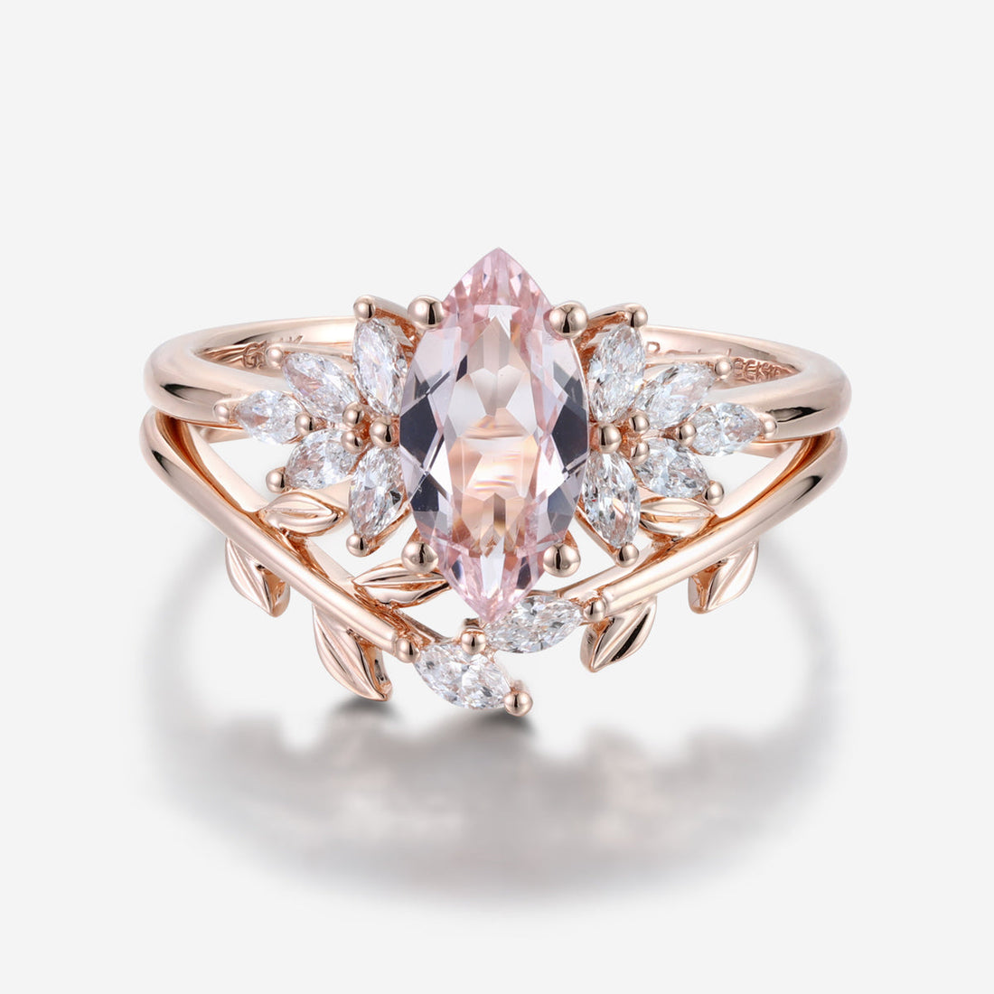 1.0 Carat Marquise cut Morganite + Moissanite Cluster Engagement Ring Bridal Set